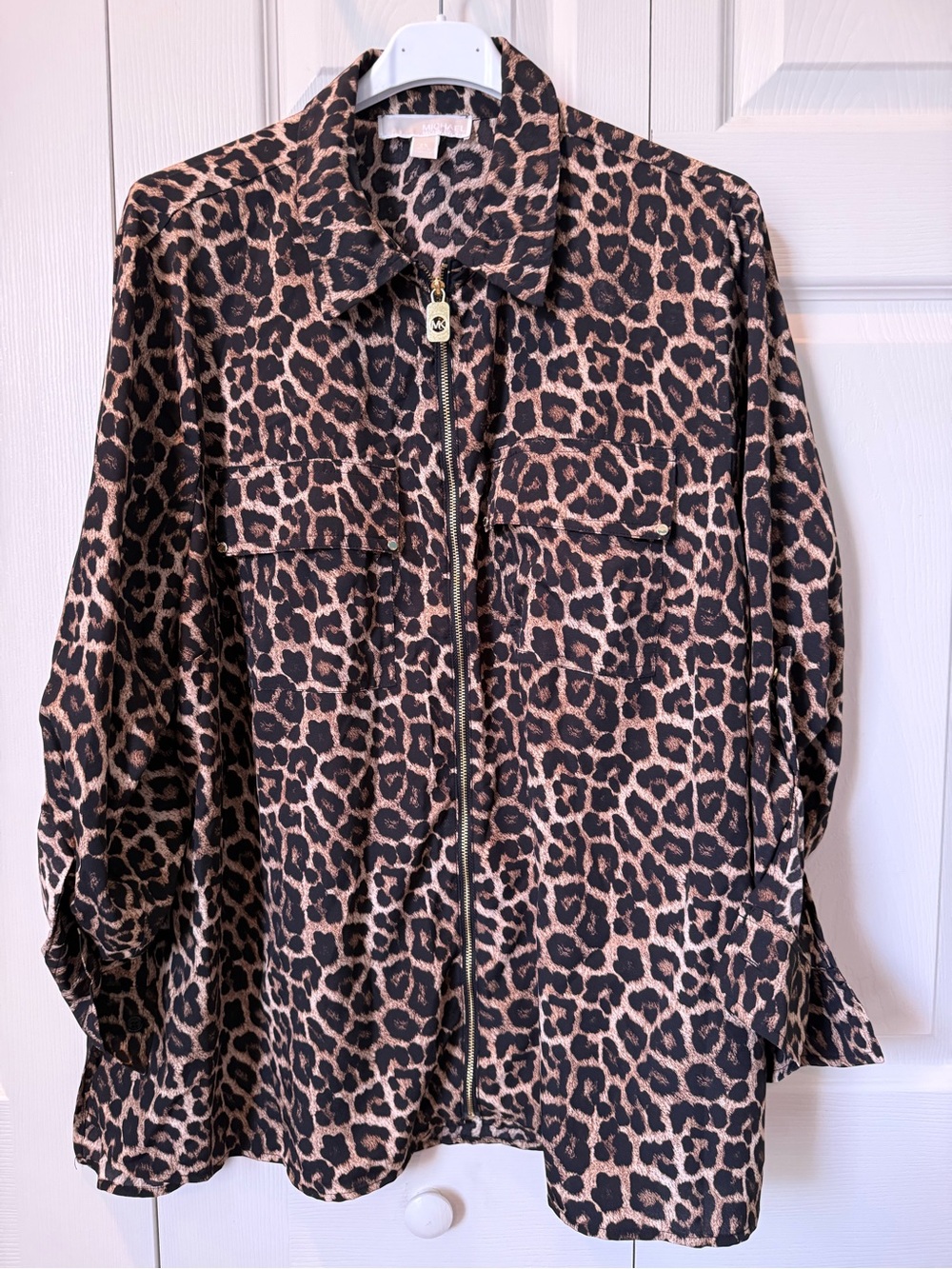 # Michael Kors 2X Leopard Zip-Front Blouse - Black & Tan